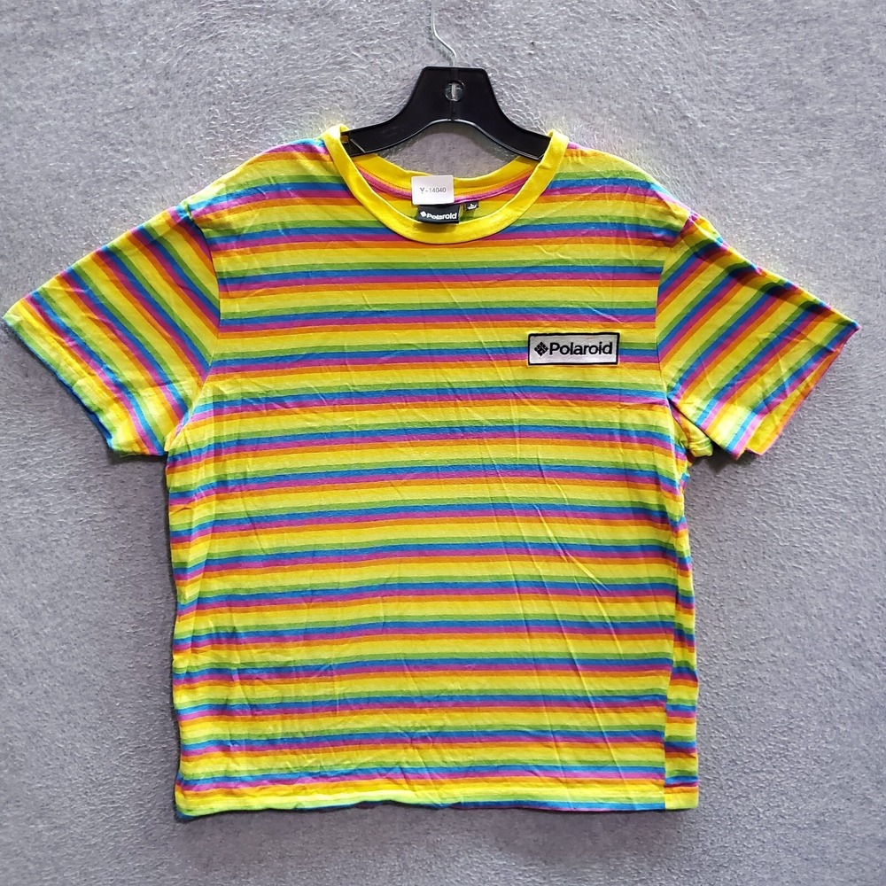 Polaroid Women Top Large Yellow Striped T-Shirt Logo Embroidered Tee READ